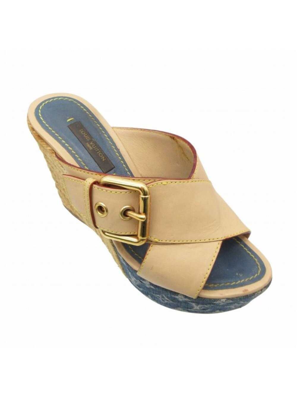 Louis Vuitton Sandals Denim Monogram Espadrilles Wedge Sole Cross Belt Gold